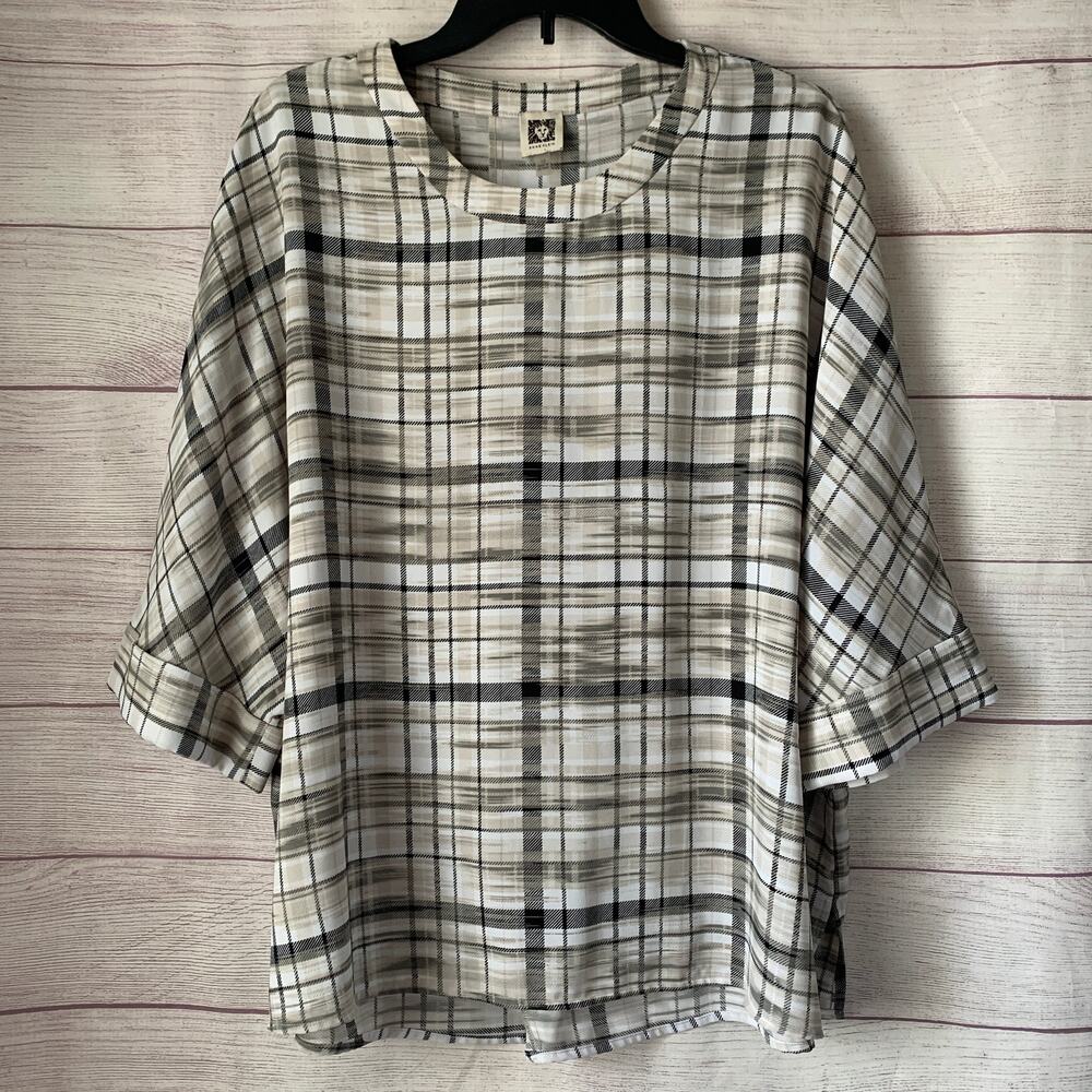 Anne Klein Black Beige Oversized Plaid Blouse Dolman Sleeve Size 10